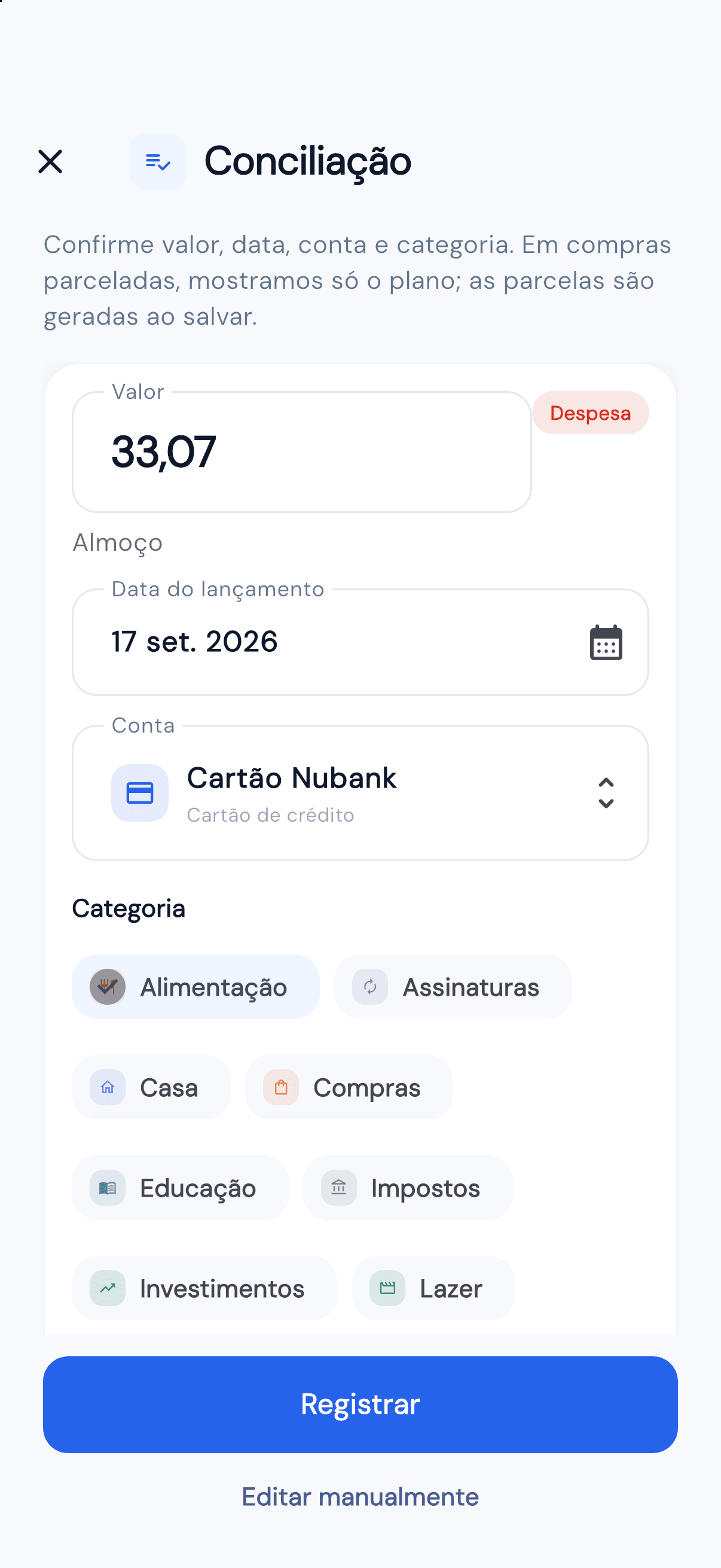 Conciliação com valor, conta, categoria e forma de pagamento